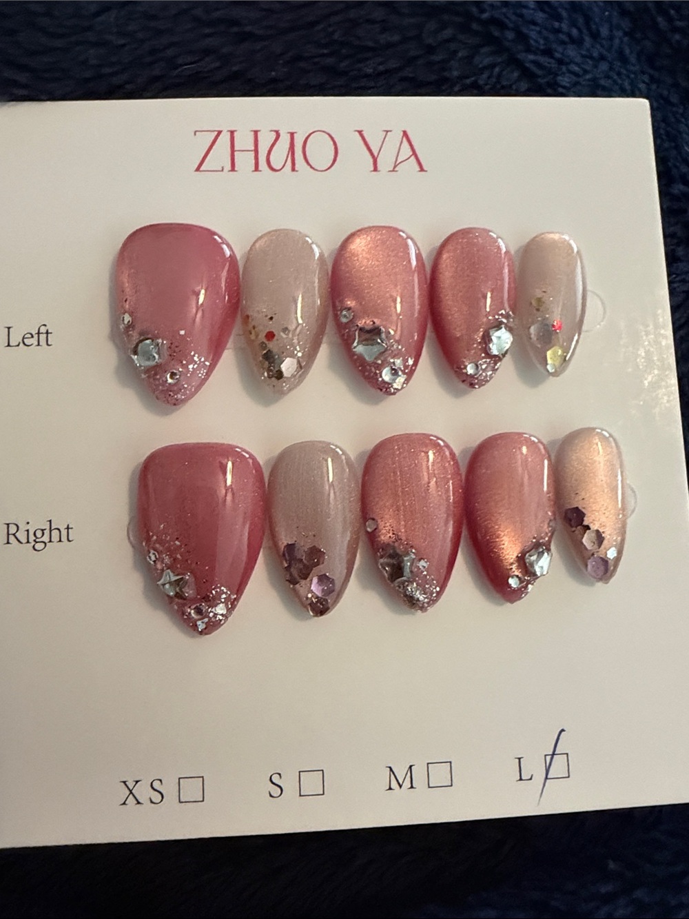Pink Pearl Cateye handmade acrylic Press-On Nail Set with Rhinestones